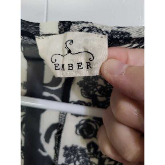 EMBER Women's LG Open Front Cardigan Cover Up Fringe Floral Black Cream Boho - Picture 3 of 5